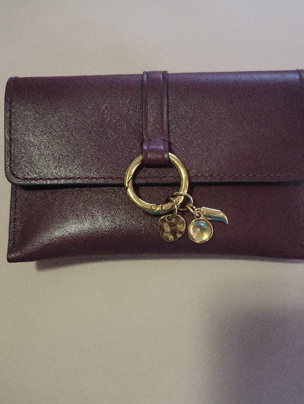 Burgundy Leather Wallet Clutch with Gold Ring Charm - Picture 2 of 6